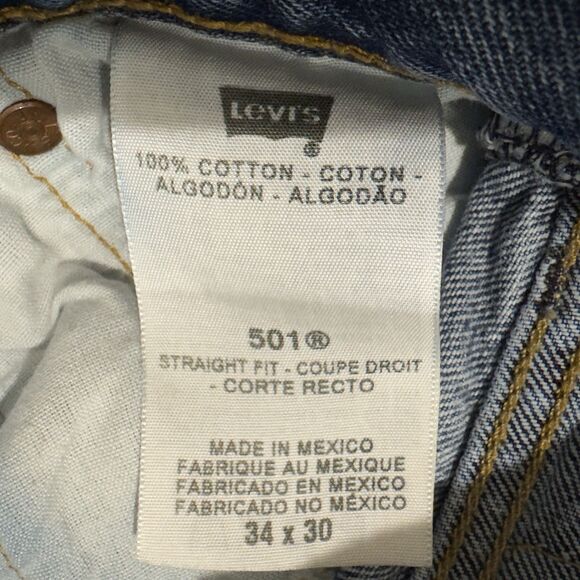 Levis 501 Jeans Mens 34 X 30 Blue Denim Distressed Button Fly Medium Wash - Picture 3 of 11